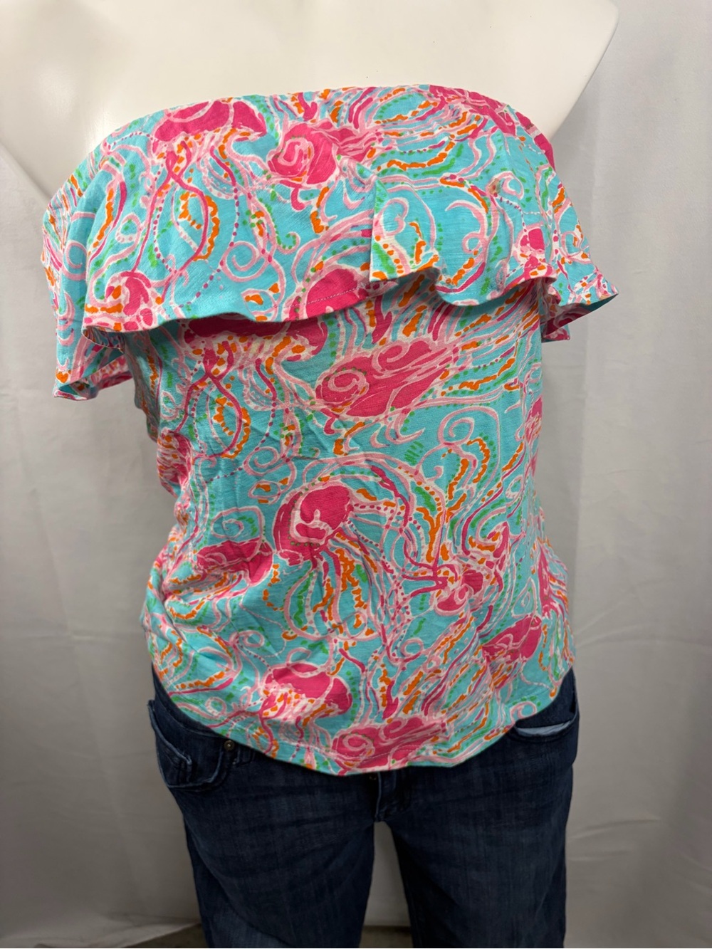 Lilly Pulitzer Strapless Ruffle Camisole in Aqua, Pink & Orange